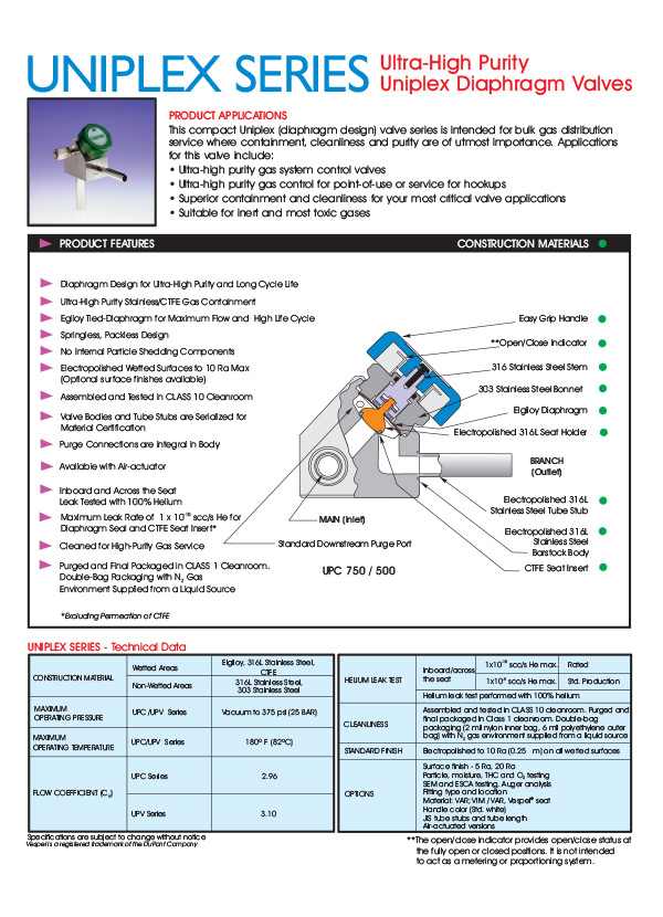 Diaphragm Valves - Uniplex Series Ultra-High Purity Uniplex Diaphragm Valves