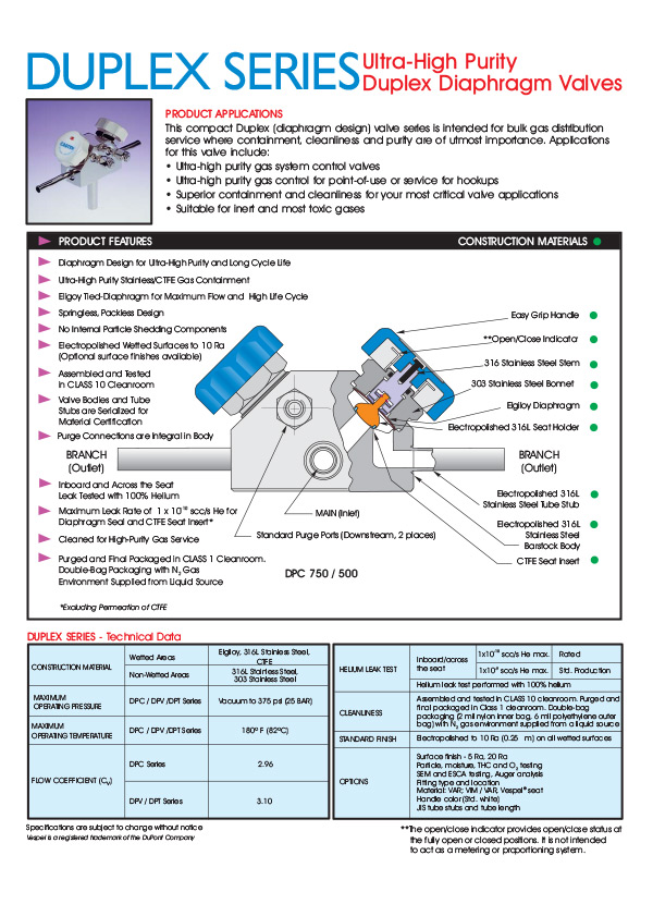 Duplex Diaphragm Valves - Duplex Series Ultra-High Purity Duplex Diaphragm Valves